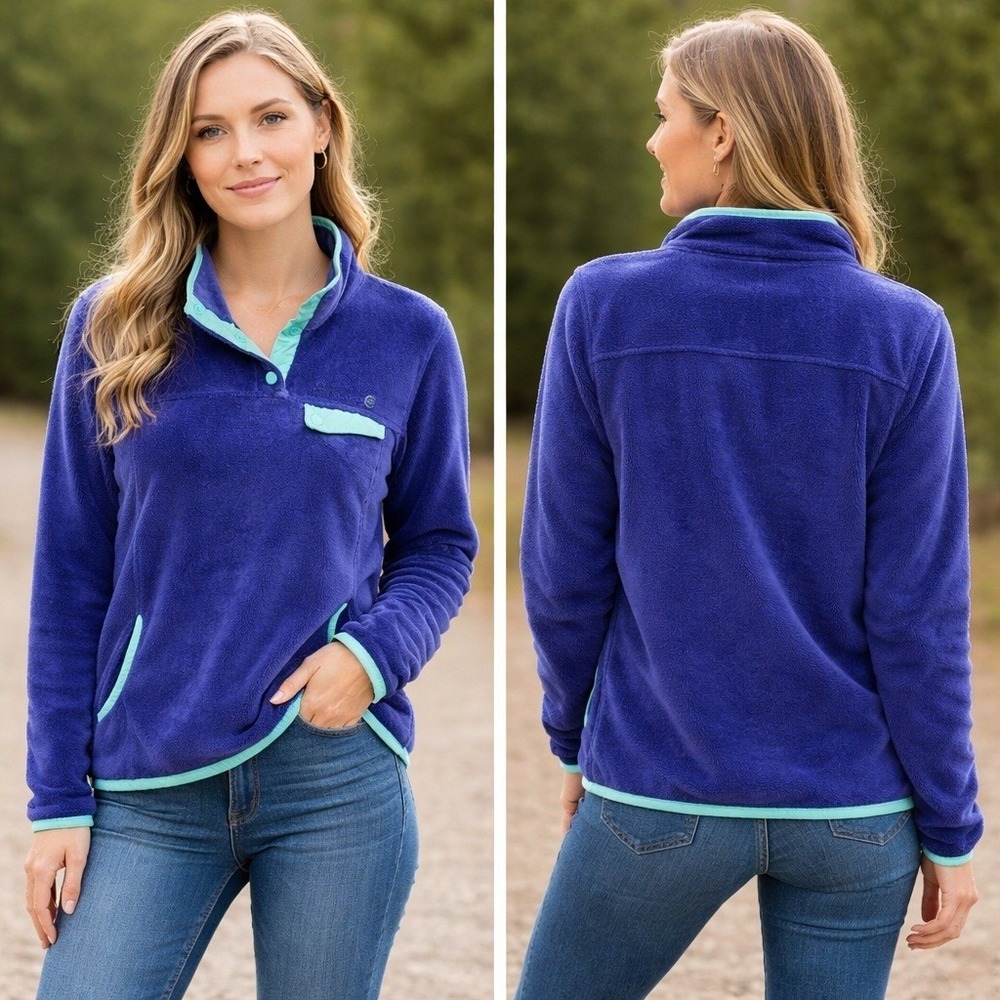 Free Country Womens Fleece Pullover Purple Teal‎ Snap Mock Neck Jacket XL